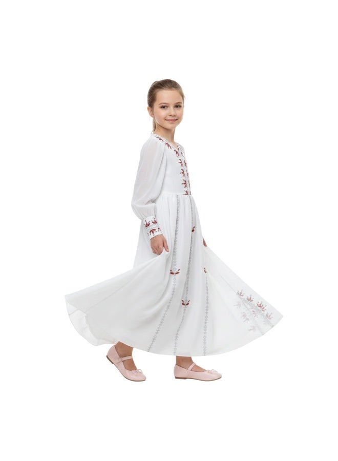 D'Daniela Mariam Embroidered White Jalabiya Abaya with Tie-Up Belt and  Sleeves -for Girl - Image 3